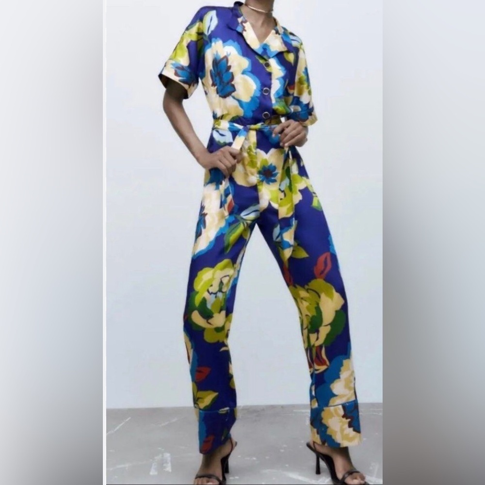 Zara blue green Floral Satin Short Sleeve button front Jumpsuit Size XL new - Picture 4 of 6